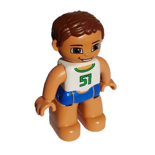 Duplo Figure with Parted Wavy Hair Reddish Brown, Blue Swim Trunks, White Top with '51' Print (75115pr9999)