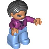 Duplo Figure Bob / Pageboy Hair Black, with Medium Blue Legs, Magenta Top, Brown Eyes (75121pr0002)