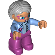 Duplo Figure Bob / Pageboy Hair Gray, with Magenta Legs, Medium Blue Top with Flower, Blue Eyes, Glasses (75121pr0003)