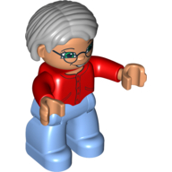 Duplo Figure Bob / Pageboy Hair Gray, with Medium Blue Legs, Red Sweater, Blue Eyes, Glasses (75121pr0005)