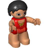 Duplo Figure Bob / Pageboy Hair Black, with Nougat Face, with Red Swimsuit with Yellow Bow, and Nougat Legs (75121pr0016)