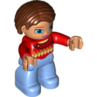 Duplo Figure Bob / Pageboy Hair Reddish Brown, Sweater with Diamond print - Medium Blue Legs (75121pr0025)