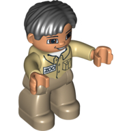 Duplo Figure Side Parted Hair Black, with Dark Tan Legs, Tan Top, Brown Eyes (Zoo Keeper) (75126pr0002)