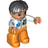 Duplo Figure Side Parted Hair Black, with Orange Legs, with ID Badge and EMT Star of Life Print, Brown Eyes (Medic) (75126pr0006)