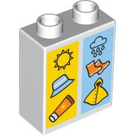 Duplo Brick 1 x 2 x 2 with Bottom Tube, Sun, Hat, and Sunscreen on Yellow Background, and Rain Cloud, Rain Boots, Raincoat on Blue Background Print (76371pr0221)