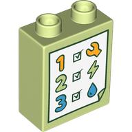 Duplo Brick 1 x 2 x 2 with Check List, 1, 2, 3, Wrench, Lightning Bolt, Droplet print (76371pr0255)