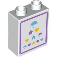 Duplo Brick 1 x 2 x 2 with Medium Lavender Border, Medium Azure/Lavender/Yellow Umbrellas, Houses, Hearts, Stars print (76371pr0266)