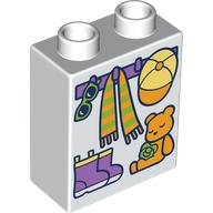 Duplo Brick 1 x 2 x 2 with Bottom Tube, Hooks with Scarf and Hat, Shoes, and Teddy Bear Print (76371pr0291)