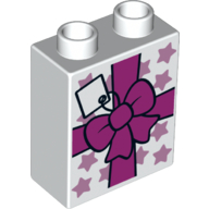 Duplo Brick 1 x 2 x 2 with Bottom Tube and Bow and Gift Tag Print (76371pr9998)