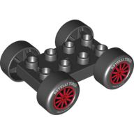 Duplo Car Base, 2 x 4 with Black Tires and Red Spokes, 'Rotelli Tires' and 'Pasta Potenza' Wheels Print (88760c01pr0010)