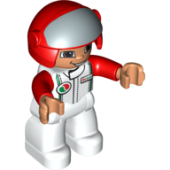 Duplo Figure with Helmet with Open Visor, Red Helmet, White Legs & Race Top with Octan Logo, and Red Arms (93242pr0003)
