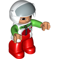 Duplo Figure with Helmet with Open Visor, White Helmet, Red Legs, Race Top with Octan Logo, and Bright Green Arms (93242pr0004)