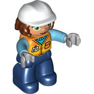 Duplo Figure with Construction Helmet White and Reddish Brown Hair, Dark Blue Legs, Safety Vest Print (97900pr0002)
