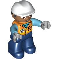 Duplo Figure with Construction Helmet White and Black Hair, Dark Blue Legs, Safety Vest Print (97928c01pr0001)