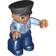 Duplo Figure with Police Style Hat Black, with Dark Blue Legs, Light Blue Top with Badge, Nougat Hands, with Blue Eyes (98465pr0001)