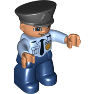 Duplo Figure with Police Style Hat Black, with Bright Light Blue Top with Badge and Tie, Nougat Face and Hands, and Dark Blue Legs (98465pr0009)