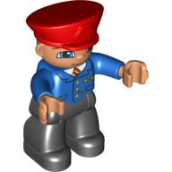 Duplo Figure with Police Style Hat Red, with Black Legs, Blue Jacket with Red/Yellow Tie, Nougat Hands, Smile with Closed Mouth (Train Conductor) (98465pr0051)